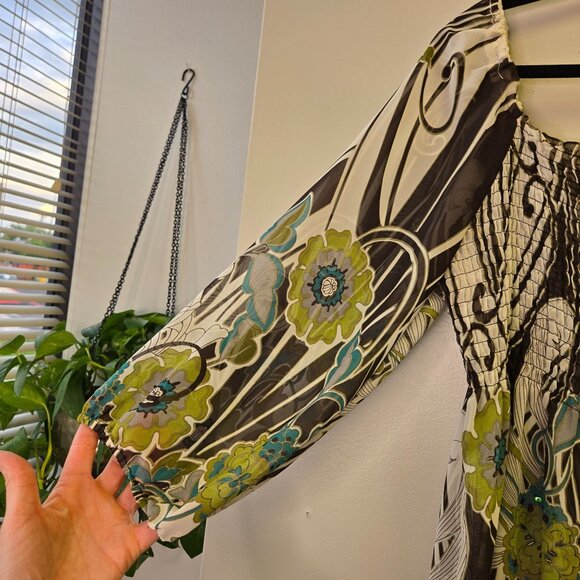 Women's Sheer Green Brown Hippy Floral Print Peasant Top M 3/4 Sleeve Boho Style - Picture 9 of 10